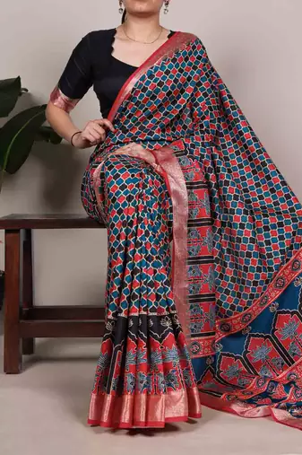 Traditional tasar silk printed saree with stylish viscose border