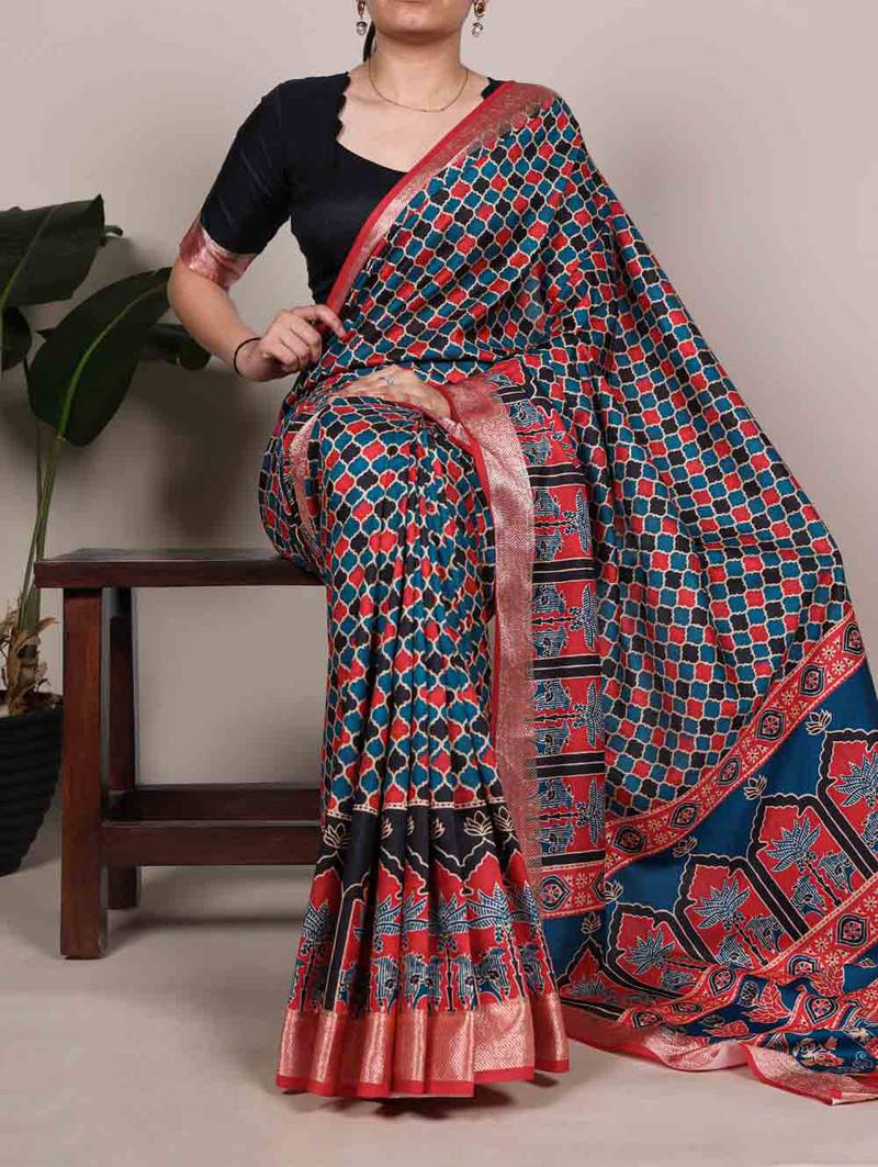 Traditional tasar silk printed saree with stylish viscose border