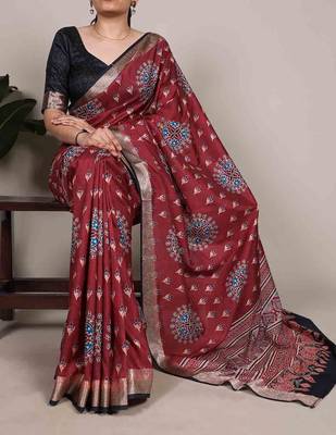 maroon tussar silk printed saree with viscose border 1
