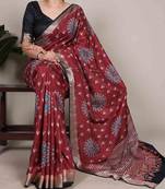 maroon tussar silk printed saree with viscose border