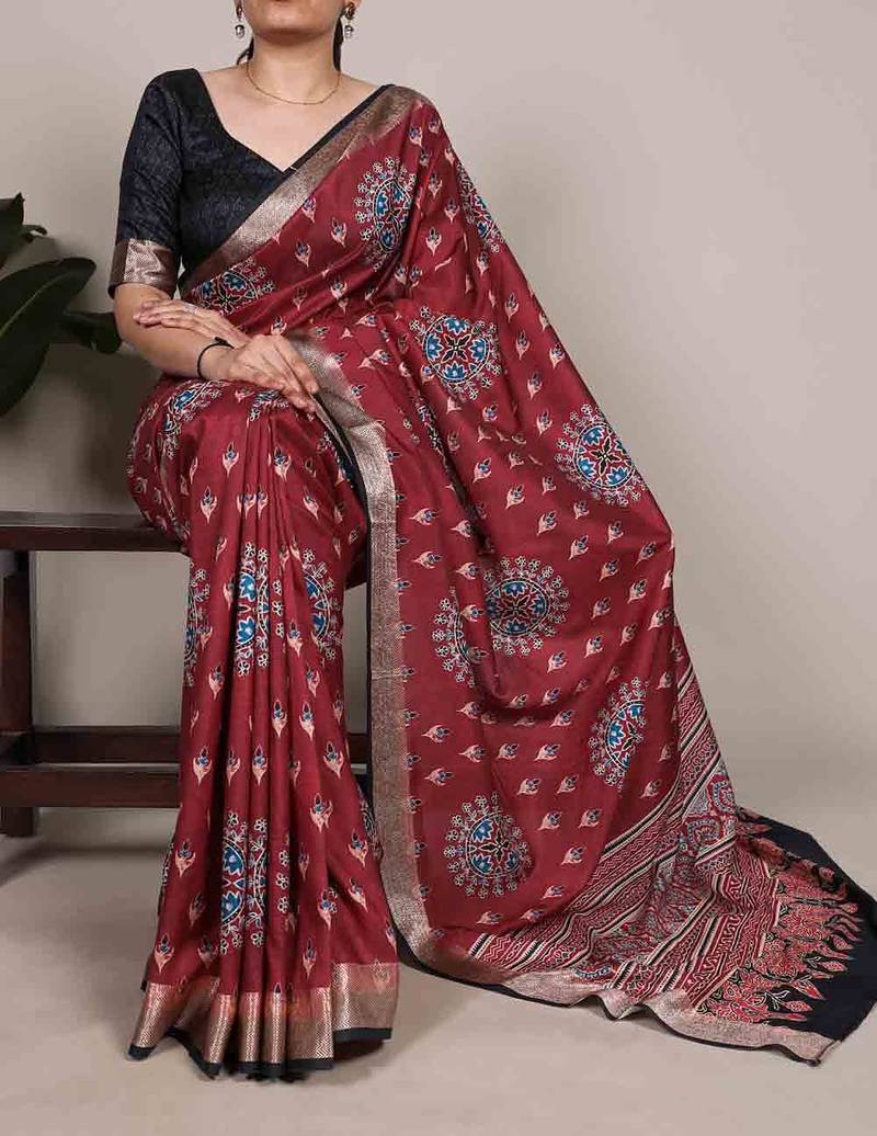  tasar silk printed saree with stylish viscose border
