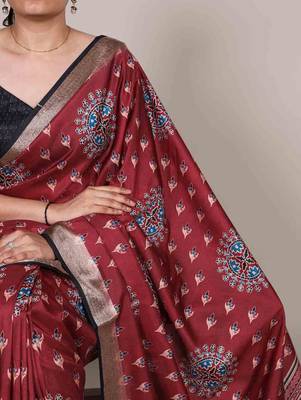 maroon tussar silk printed saree with viscose border 2
