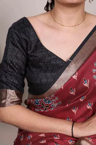 maroon tussar silk printed saree with viscose border