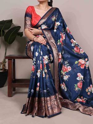 navy blue floral tussar silk saree with viscose border 1