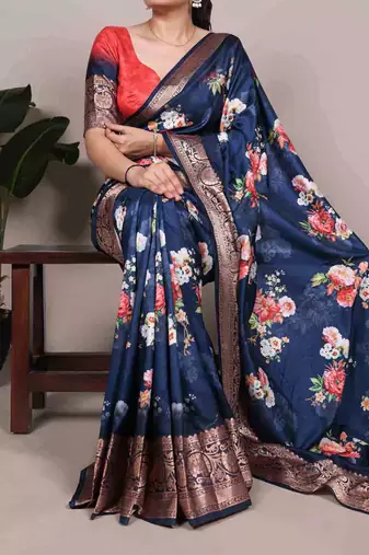 Designer tasar silk printed saree with contrast viscose border
