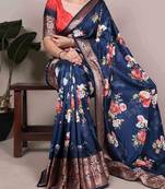 navy blue floral tussar silk saree with viscose border