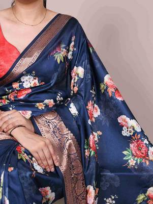 navy blue floral tussar silk saree with viscose border 2