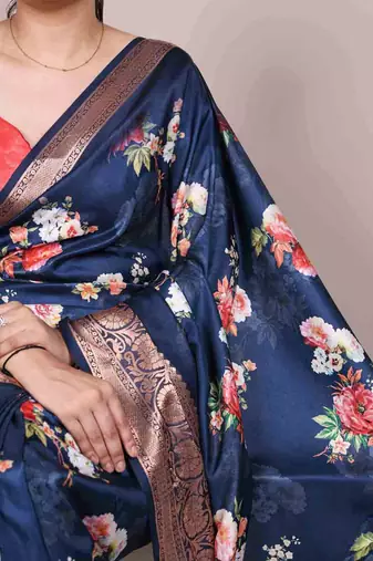 navy blue floral tussar silk saree with viscose border