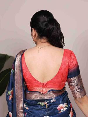 navy blue floral tussar silk saree with viscose border 3
