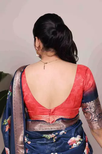 navy blue floral tussar silk saree with viscose border