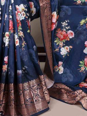 navy blue floral tussar silk saree with viscose border 4