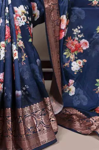 navy blue floral tussar silk saree with viscose border
