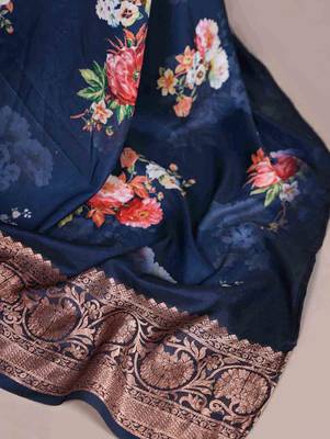 navy blue floral tussar silk saree with viscose border 5