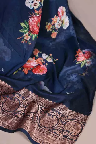 navy blue floral tussar silk saree with viscose border