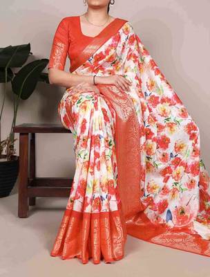 white floral tussar silk saree with viscose border 1