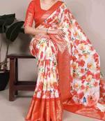 white floral tussar silk saree with viscose border