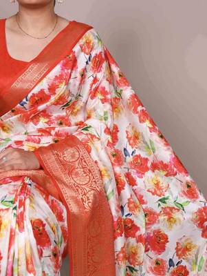 white floral tussar silk saree with viscose border 2
