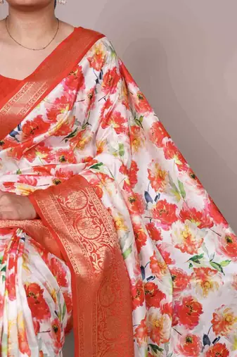 white floral tussar silk saree with viscose border