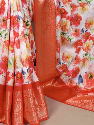 white floral tussar silk saree with viscose border 4