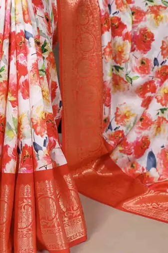 white floral tussar silk saree with viscose border