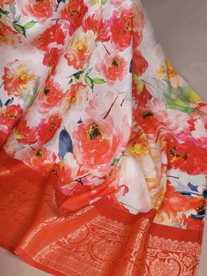 white floral tussar silk saree with viscose border 5