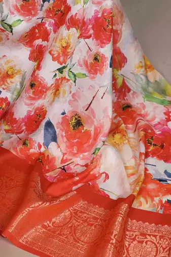 white floral tussar silk saree with viscose border