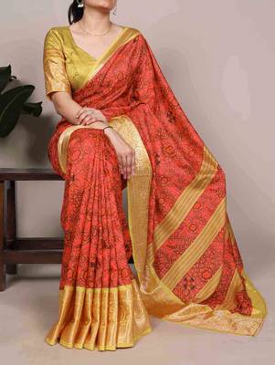 orange tussar silk printed saree with viscose border 1