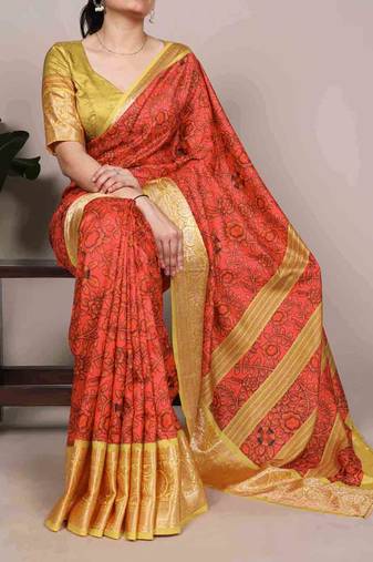  tasar silk printed saree with contrast viscose border