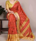 orange tussar silk printed saree with viscose border