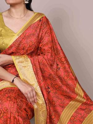 orange tussar silk printed saree with viscose border 2