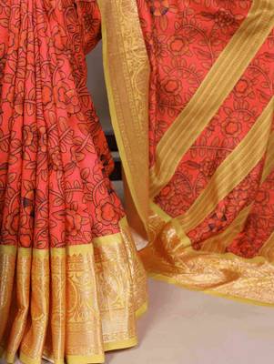 orange tussar silk printed saree with viscose border 4
