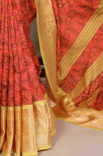 orange tussar silk printed saree with viscose border