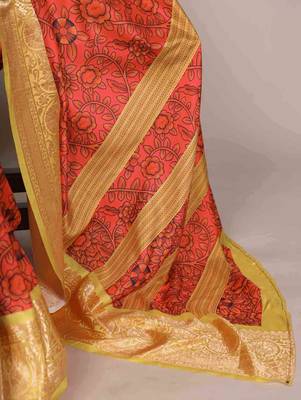 orange tussar silk printed saree with viscose border 5