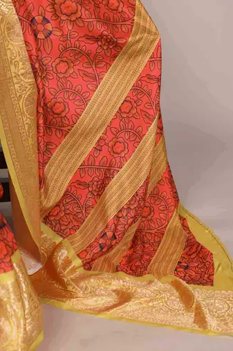 orange tussar silk printed saree with viscose border