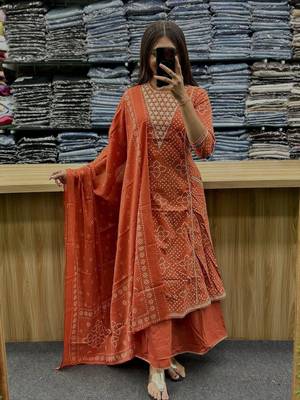 Orange cotton embroidered bandni pattern 3-piece anarkali suit set 1
