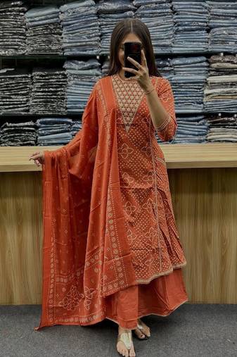 Orange cotton embroidered bandni pattern 3-piece anarkali suit set