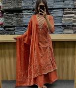 Orange cotton embroidered bandni pattern 3-piece anarkali suit set