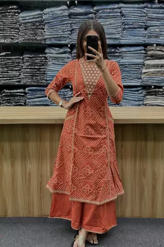 Orange cotton embroidered bandni pattern 3-piece anarkali suit set
