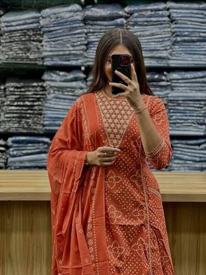 Orange cotton embroidered bandni pattern 3-piece anarkali suit set 3