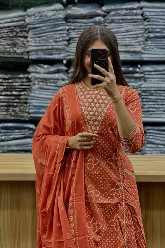 Orange cotton embroidered bandni pattern 3-piece anarkali suit set