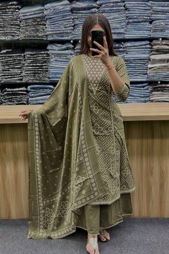 Green cotton embroidered bandni pattern 3-piece anarkali suit set