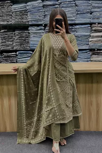 Green cotton embroidered bandni pattern 3-piece anarkali suit set