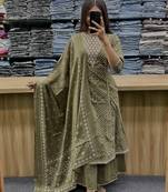 Green cotton embroidered bandni pattern 3-piece anarkali suit set