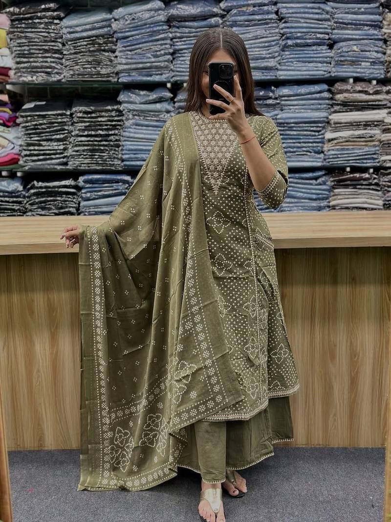 Green cotton embroidered bandni pattern 3-piece anarkali suit set