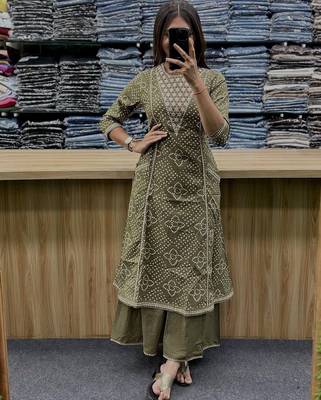 Green cotton embroidered bandni pattern 3-piece anarkali suit set 2
