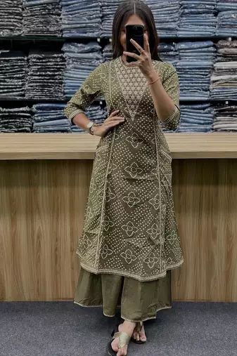 Green cotton embroidered bandni pattern 3-piece anarkali suit set