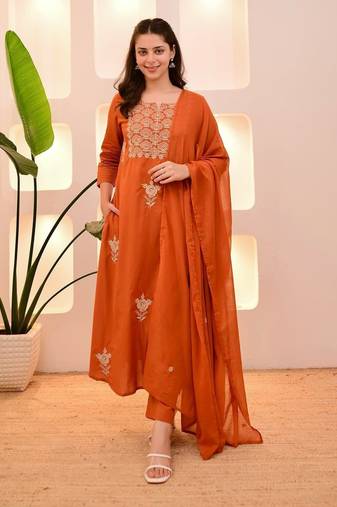 Orange cotton u  embroidered 3-piece anarkali suit set