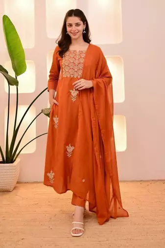 Orange cotton u  embroidered 3-piece anarkali suit set