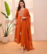 Orange cotton u  embroidered 3-piece anarkali suit set