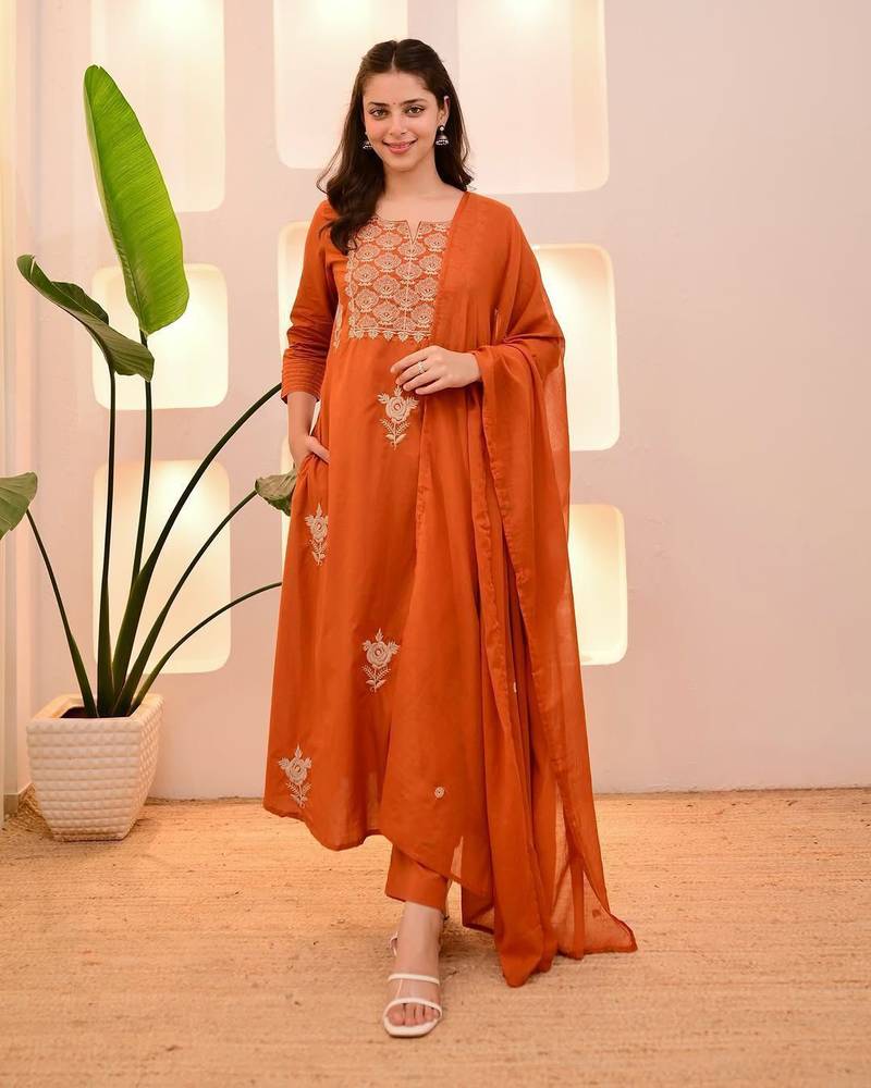 Orange cotton u  embroidered 3-piece anarkali suit set